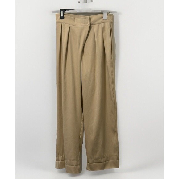 Wide Leg Tan Khaki Trousers‎ Hook & Loop Closure Size Large Pockets Relaxed Fit - Picture 1 of 4